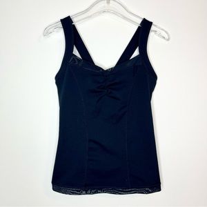 Zella Black Mesh Trim Sweetheart Ruched Neckline Workout Tank Top Size M